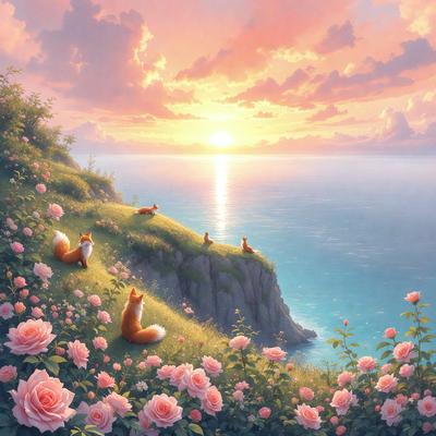 The primary subject of the image is a group of foxes sitting on a grassy hillside near the ocean. The setting is a beautiful, serene landscape with a sunset in the background. The visual style is a digital art illustration, creating a vibrant and lively atmosphere. The colors and mood are predominantly pink, which adds a sense of warmth and tranquility to the scene.